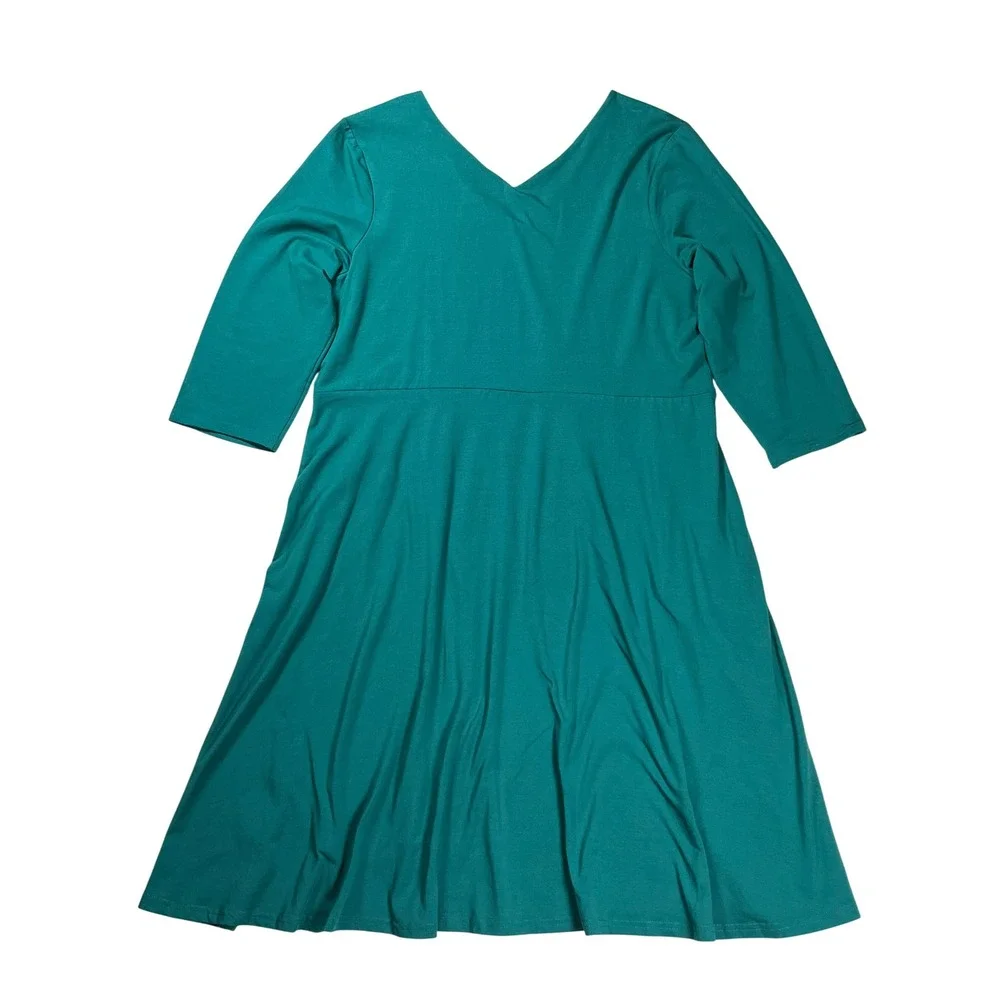 Pact Fit and Flare Dress Women XXL Teal Green Organic Cotton 3/4 Sleeve V-Neck - Picture 2 of 8